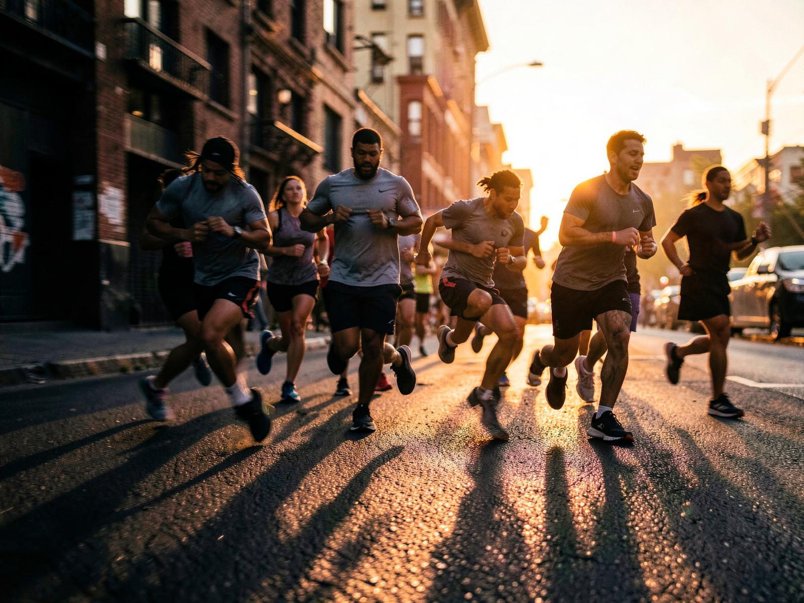 Grupo de corredores treinando junto em uma rua da cidade ao amanhecer